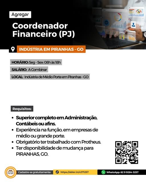 Vaga de Emprego – Coordenador Financeiro (PJ) em Piranhas