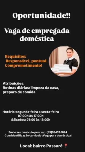 VAGA DE EMPREGO – EMPREGADA DOMÉSTICA