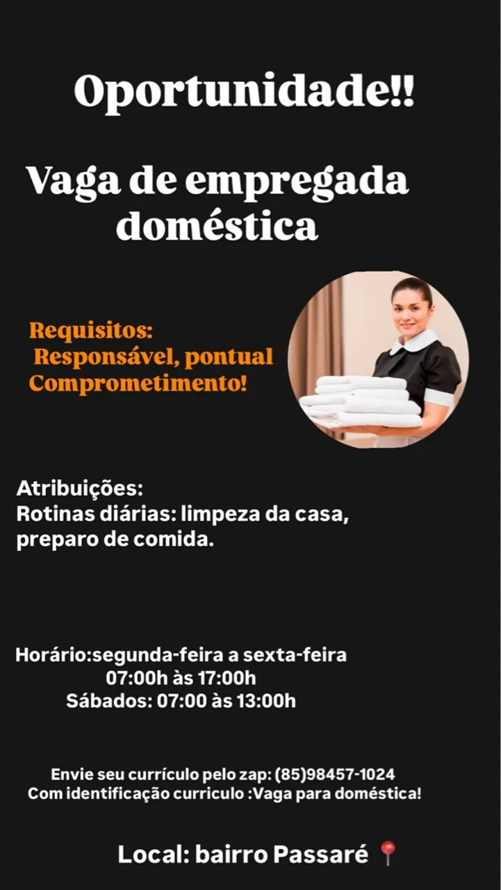 VAGA DE EMPREGO – EMPREGADA DOMÉSTICA