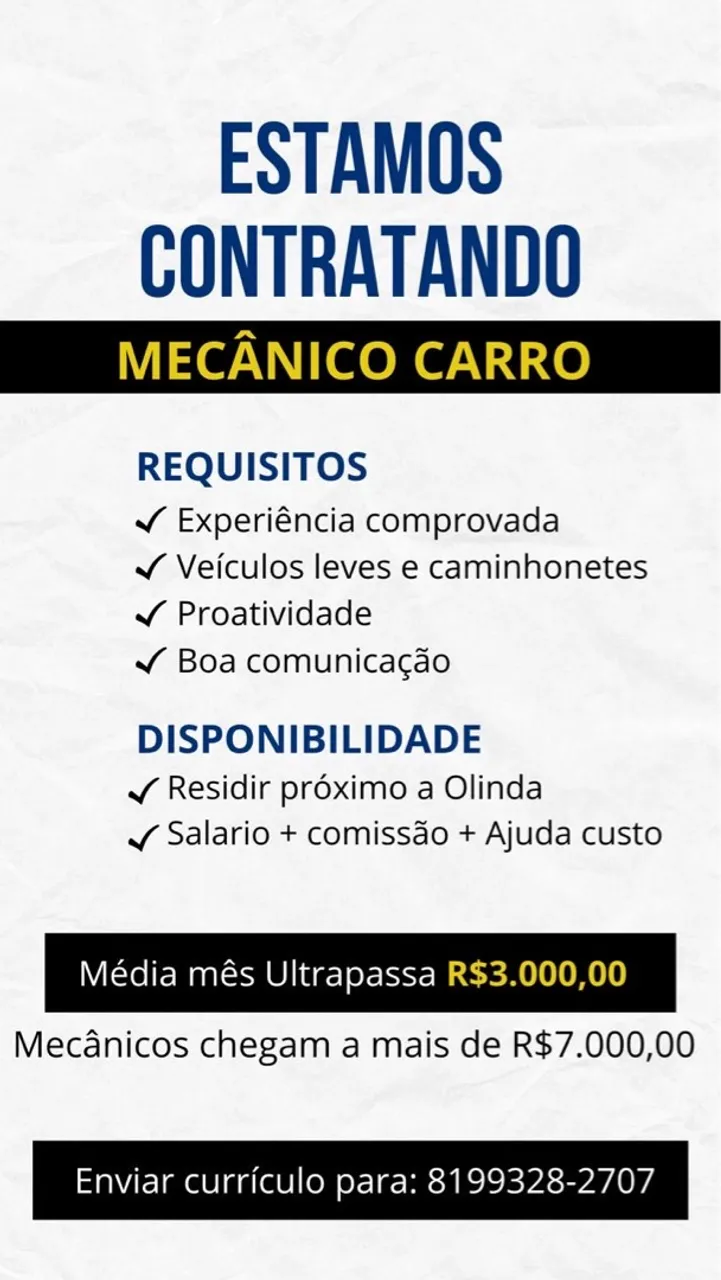 Vaga de Emprego: Emprego para Mecânico Carro