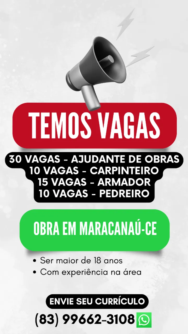 Vagas de emprego para obra em Maracanaú-CE