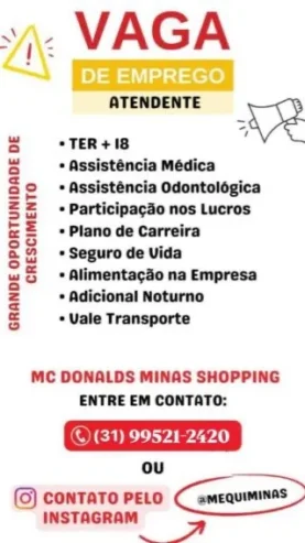 Vaga emprego Mc Donalds Minas Shopping