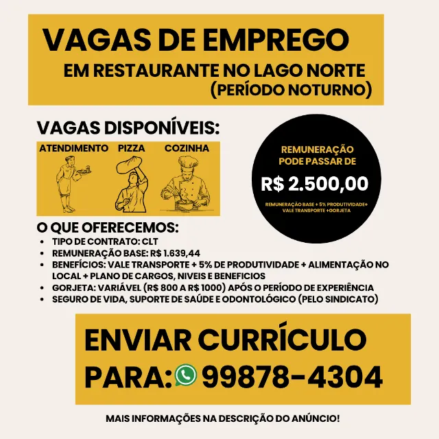 VAGA DE EMPREGO – RESTAURANTE LAGO NORTE/DF