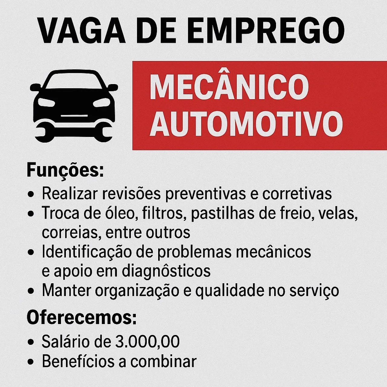 VAGA DE EMPREGO – MECÂNICO AUTOMOTIVO