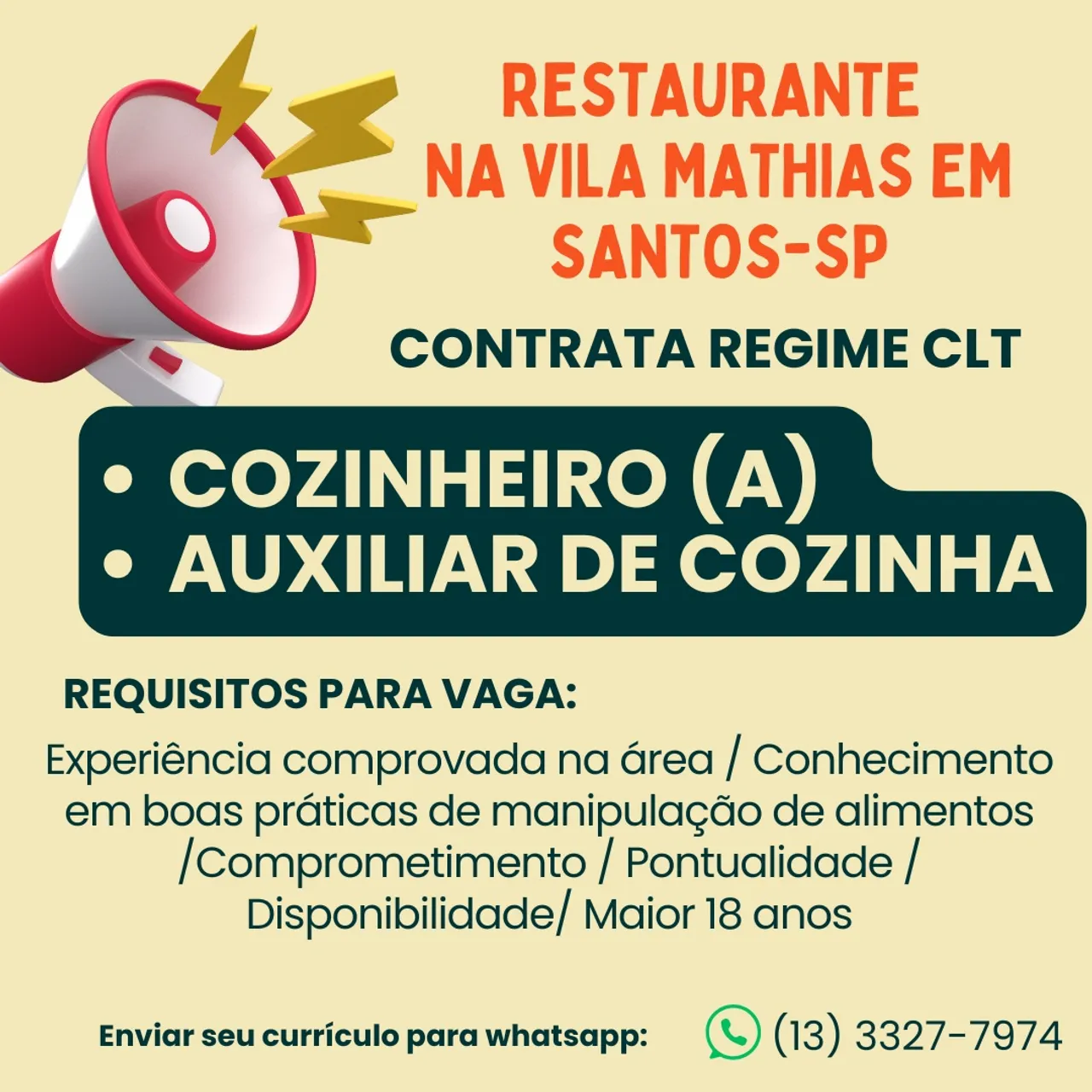 Vaga de emprego Cozinheiro (a) e Auxiliar de cozinha