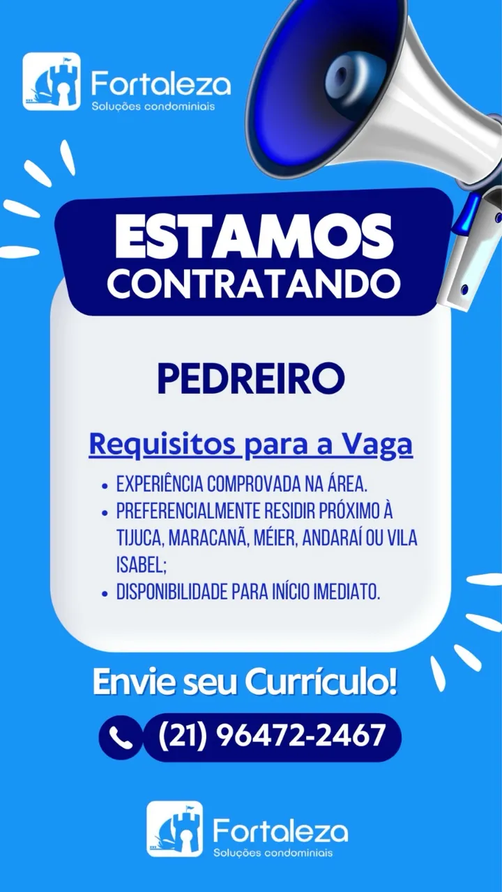 VAGA DE EMPREGO: PEDREIRO | AUX. MANUTENÇÃO