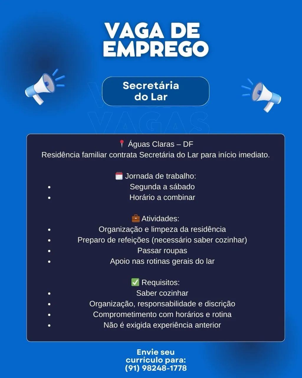 VAGA DE EMPREGO – SECRETÁRIA DO LAR