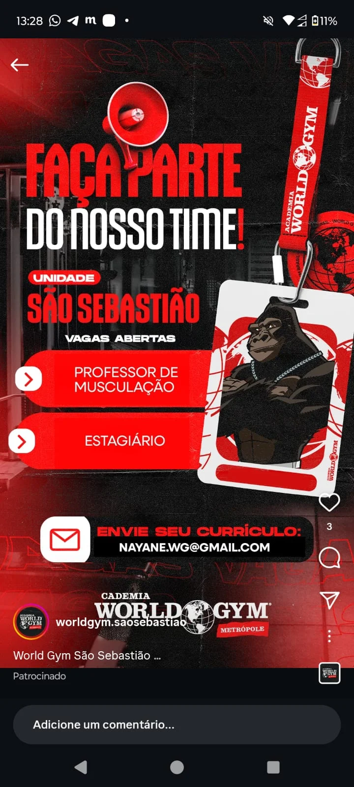 Vaga de Emprego: ACADEMIA WORLD GYM