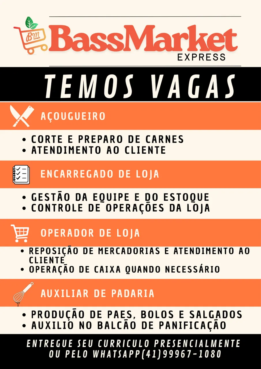 VAGAS DISPONÍVEIS – BASS MARKET SUPERMERCADO
