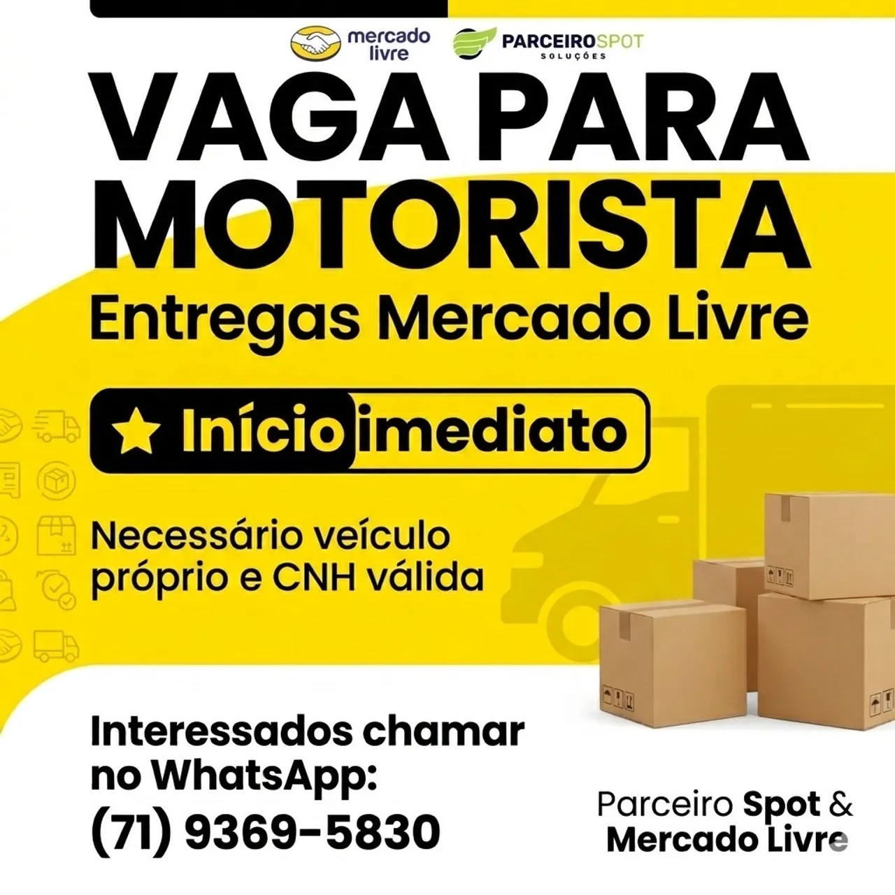 VAGA PARA MOTORISTA – ENTREGAS MERCADO LIVRE
