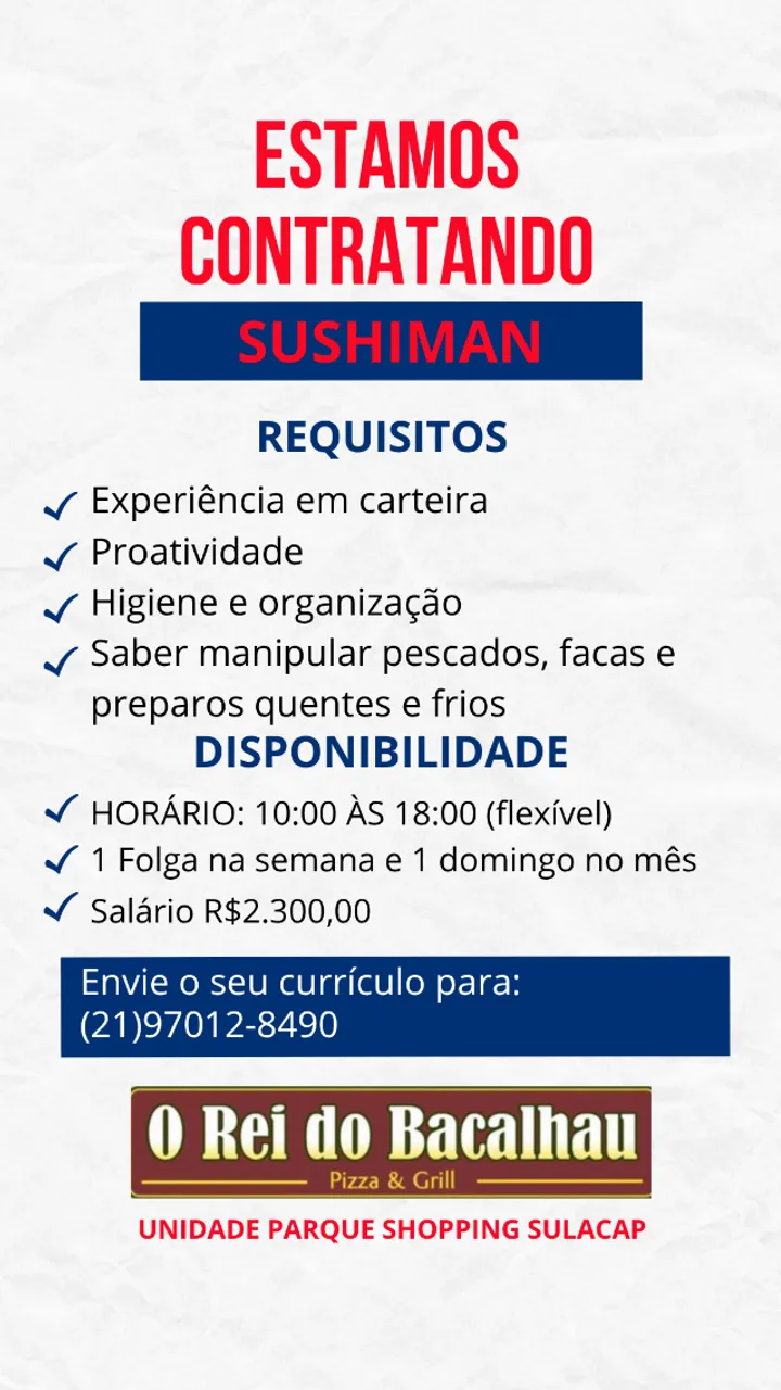 Vaga de emprego para SUSHIMAN